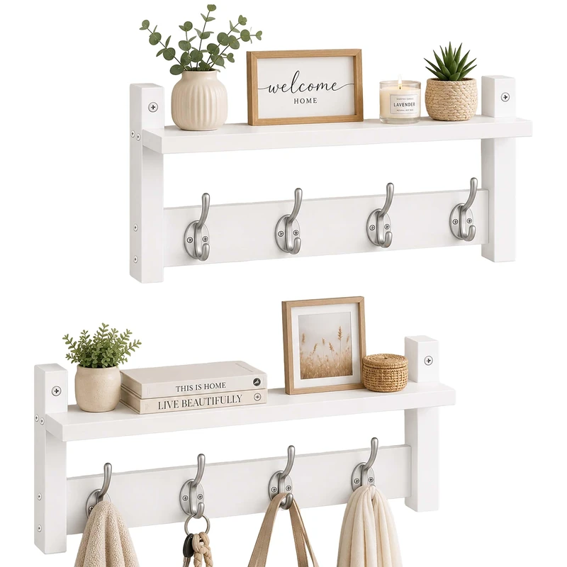 Relaxdays wall-mounted coat rack, set of 2, each with 4 double hooks, HxWxD: 19.5 x 40 x 11 cm, with hat shelf, white