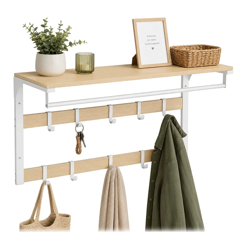 Relaxdays 3-in-1 wall-mounted coat rack, 10 hooks, clothes rail & hat shelf, HWD 42 x 80 x 30 cm, natural/white