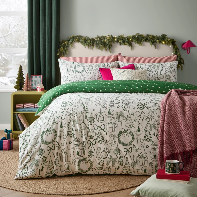 furn. Merry Christmas Duvet Cover Set (Oat/Green - King)