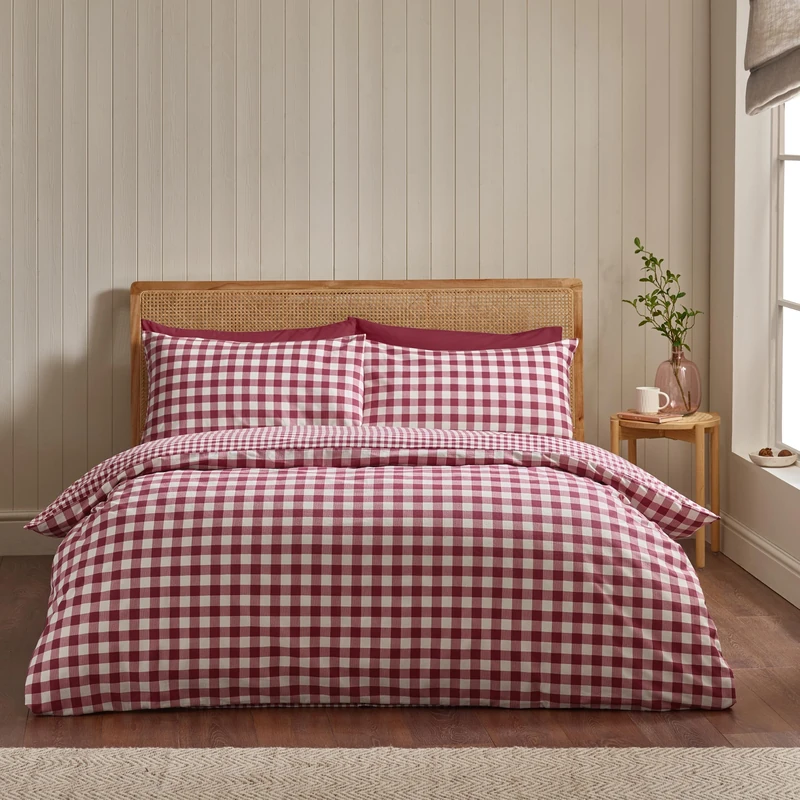 Catherine Lansfield Brushed Gingham Check King Duvet Cover Set Burgundy - Image 1