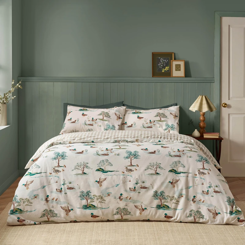 Catherine Lansfield Brushed Mallards Cotton King Duvet Cover Set Cream