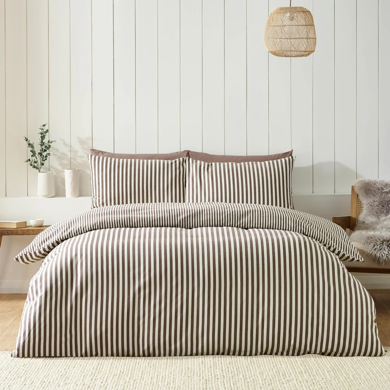 Catherine Lansfield Brushed Stripe Super King Duvet Cover Set Chocolate
