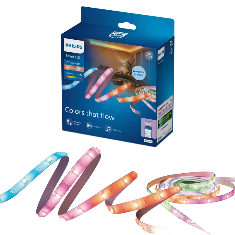 Philips Smart Lighting RGBIC LED Strip Light, 20 m, Type G, Dynamic Multicolor Light Effects, Cuttable, Easy Setup, Connects to Wi-Fi, Connected by WiZ, Google Home, Alexa, Apple Home
