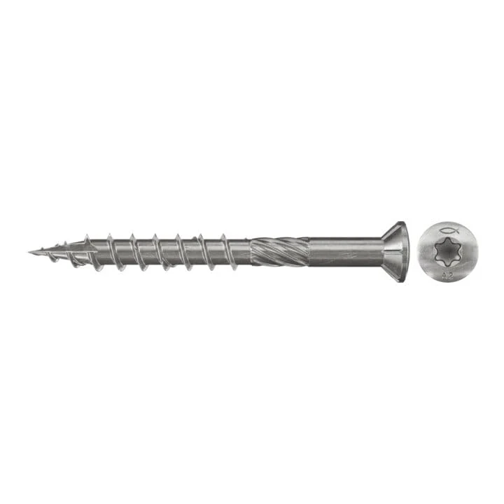 Fischer Terrace Screw FTS-RTP 5.0 x 60 BT in Bucket, Raised Countersunk Head, TX Drive, Partial Thread, A2 Stainless Steel, for Decking and Wood Substructures, 450 x Screws and 2 x TX20 Bits