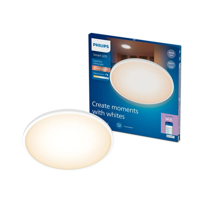 Philips Smart Lighting Superslim Ceiling LED Light, Slim Design, Tunable White Light 2700 K to 6500 K, Dimmable, Easy Setup, Connected by WiZ, Alexa, Google Home, Apple Home, White, 1 Pack