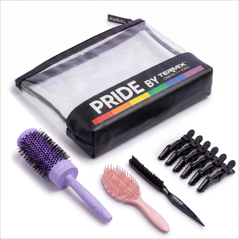 TERMIX - Perfect Look Kit Pride | Hairstyle Set with Round Brush Ø43, Detangling Brush, Pick Up Brush, 6 Tweezers and Toiletry Bag | Shape, Movement, Shine and Complete Routine