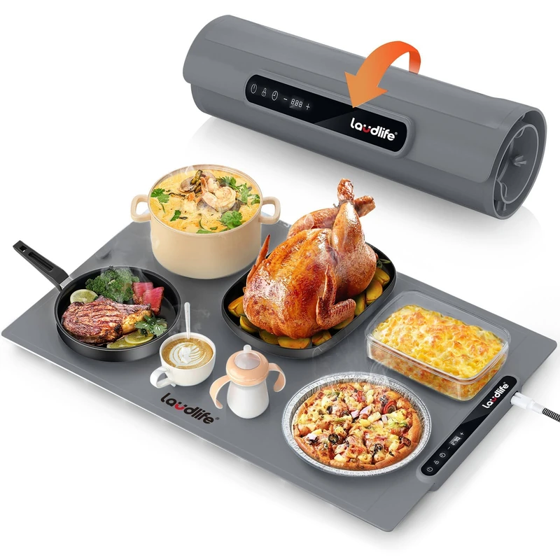 Electric Warming Tray with Adjustable Temperature, Laudlife Foldable Food Warmer for Parties Features 3 Modes & Fast Heating, Hot Plate for Buffet, Family Gatherings, Holidays L61*40cm DakGrey