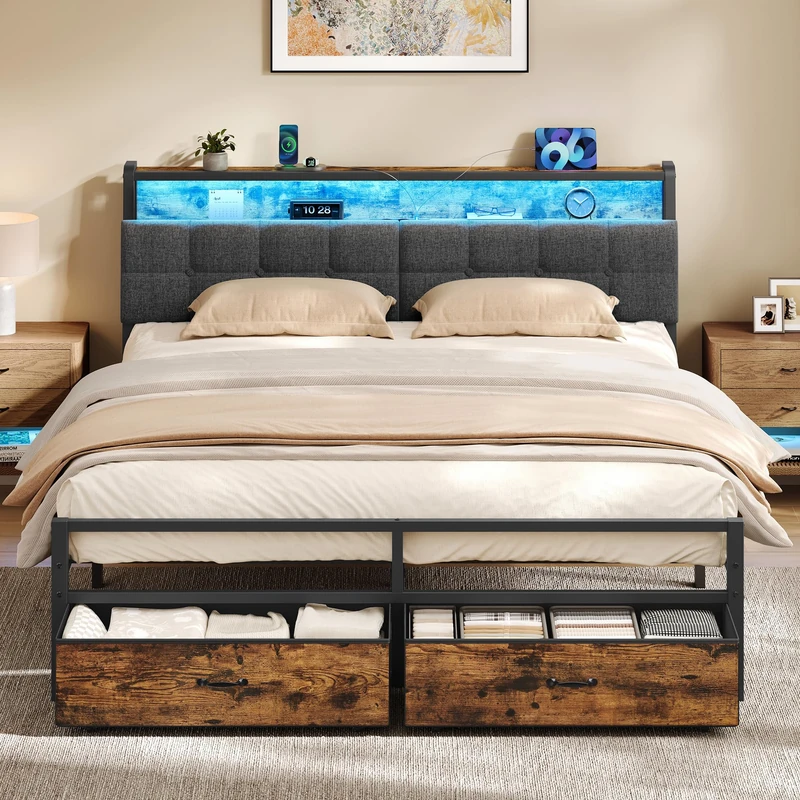 VASAGLE King Metal Bed Frame 150.5 x 218.3 cm, 2 Storage Drawers