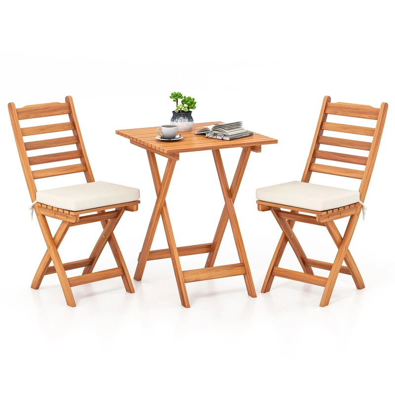 GiantexUK Acacia Wood Outdoor Bistro Set, Patio Folding Table and Chairs, 3-Piece Patio Dining Set with Soft Cushioned Seats & High-Back, Garden Furniture Set for Poolside (Horizontal Bar Backrest)