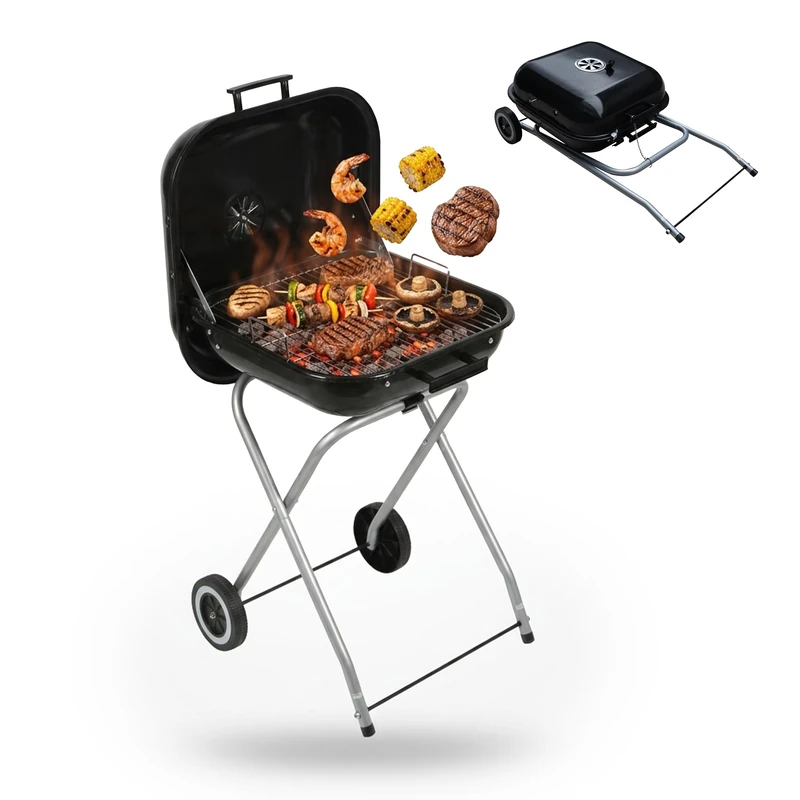 Relaxdays portable charcoal barbecue with lid & wheels, foldable camping grill for balcony, garden & park, black - Image 1