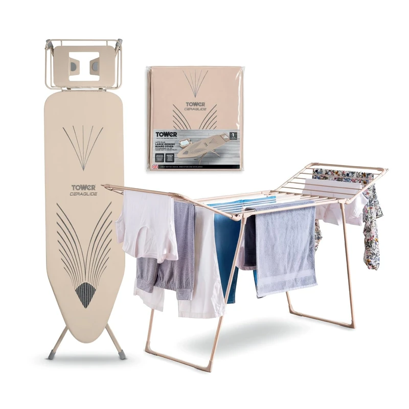 Tower Latte Laundry Bundle, Ironing Board, Winged Clothes Airer & Replacement Cover, 18m Drying Space, Adjustable Height, Latte, EEJB514 - Image 1