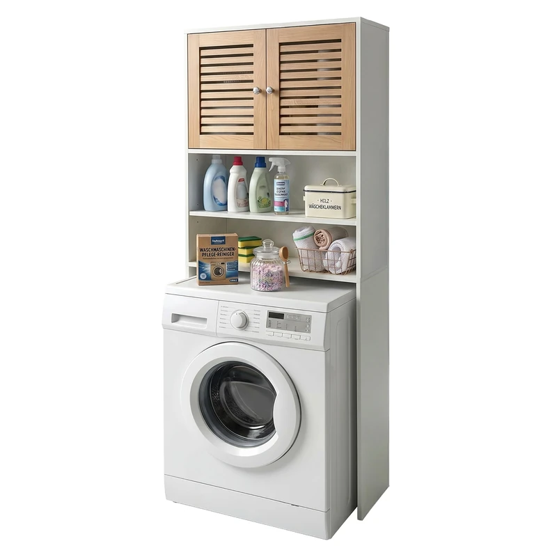 Relaxdays over-washer cabinet, 4 compartments, for washer, dryer or toilet, HxWxD: 185.5 x 65 x 24 cm, white