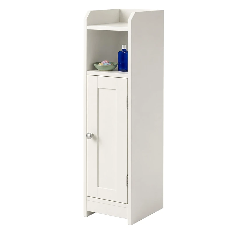 Relaxdays bathroom cabinet, 5 compartments, HxWxD: 80 x 18 x 20 cm, magnetic catch, cottage-style, slim cabinet, white - Image 1