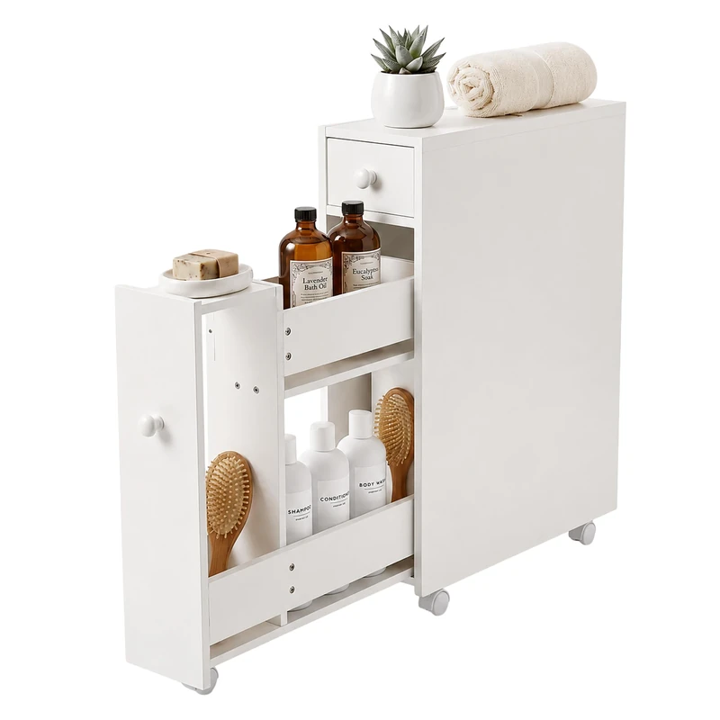 Relaxdays niche cabinet on castors with drawer & shelves for bathroom or kitchen, HxWxD 58x48x16 cm, fibreboard, white - Image 1