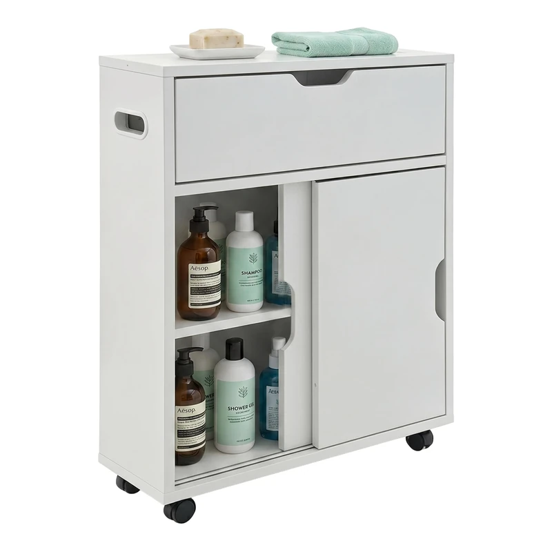 Relaxdays, mobile niche cupboard with sliding doors, for bathroom & hallway, MDF, HxWxD: 67 x 52 x 17 cm, white - Image 1