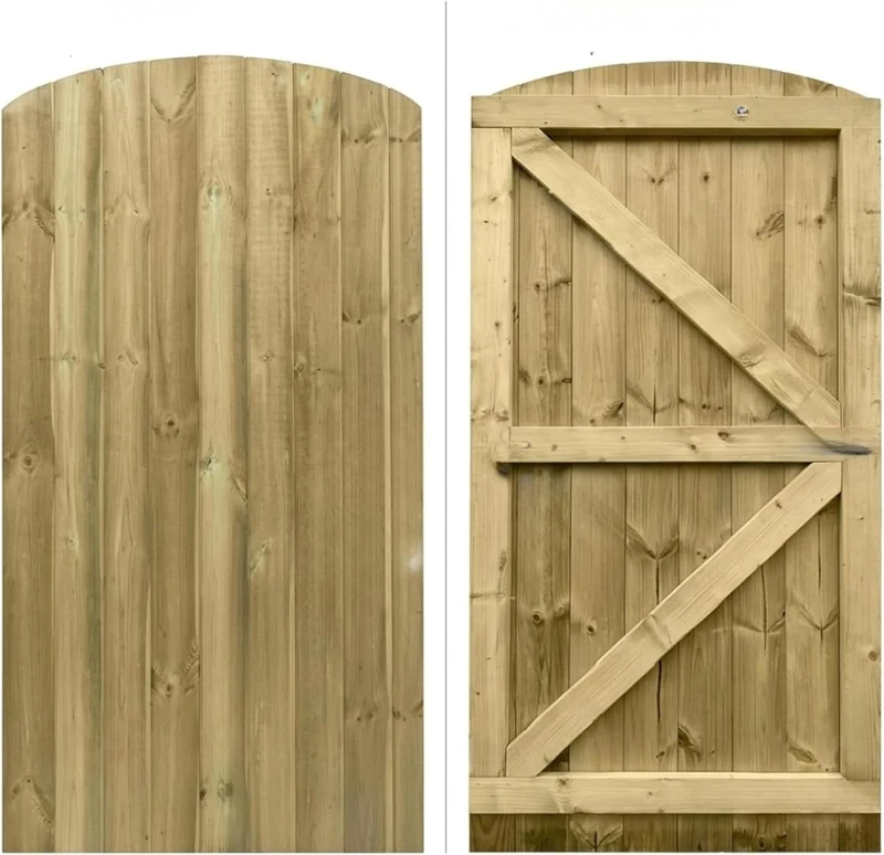 180cm x 83cm Wooden Garden Gate | Pressure Treated Feather Edge Timber Gate | Dome Top Heavy Duty 6cm Thick Semi-Braced Side Gate