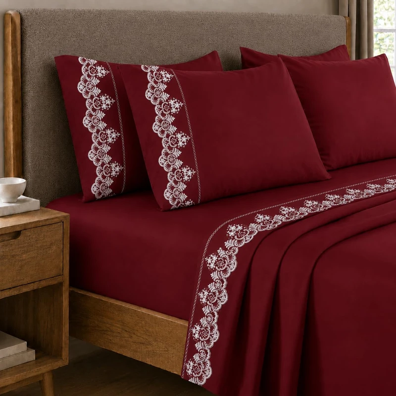 PETTI Artigiani Italiani - Set of Double Bed Sheets Percale Cotton with Lace Rebrodè Bordeaux, 4-Piece Bed Set, 100% Made in Italy
