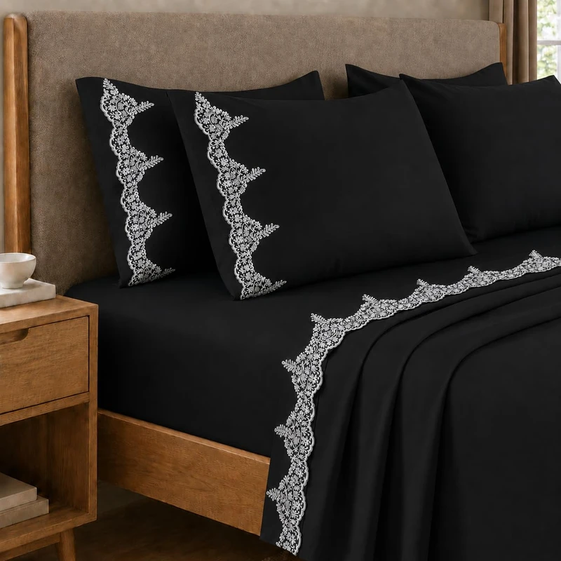 PETTI Artigiani Italiani - Cotton Percale Double Bed Sheet Set with Black Chantilly Lace, 3-Piece Bedding Set, 100% Made in Italy
