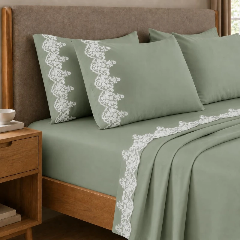 PETTI Artigiani Italiani - Single Bed Sheet Set Percale Cotton with Lace Macrame Sage, 3-Piece Bedding Set, 100% Made in Italy