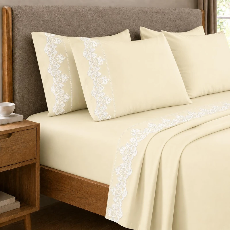PETTI Artigiani Italiani - Percalle Cotton Double Bed Sheet Set with Cream Rebrodè Lace, 4-Piece Bed Set, 100% Made in Italy