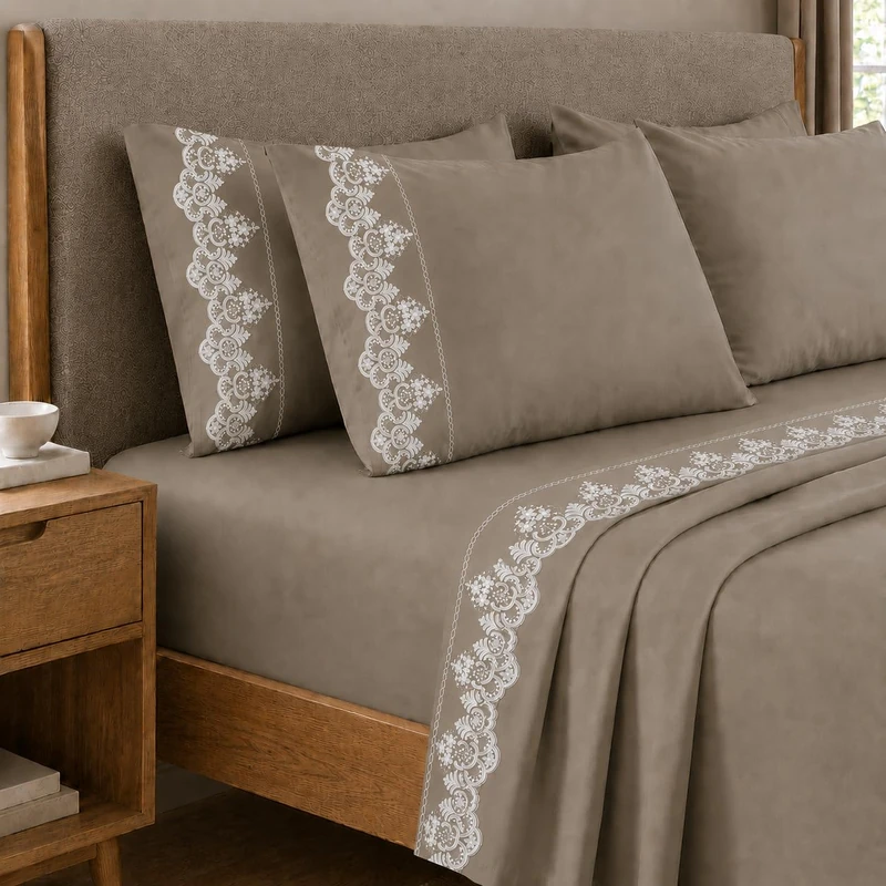 PETTI Artigiani Italiani - Percale Cotton Sheet Set with Lace Rebrodè Taupe, 3-Piece Bedding Set, 100% Made in Italy