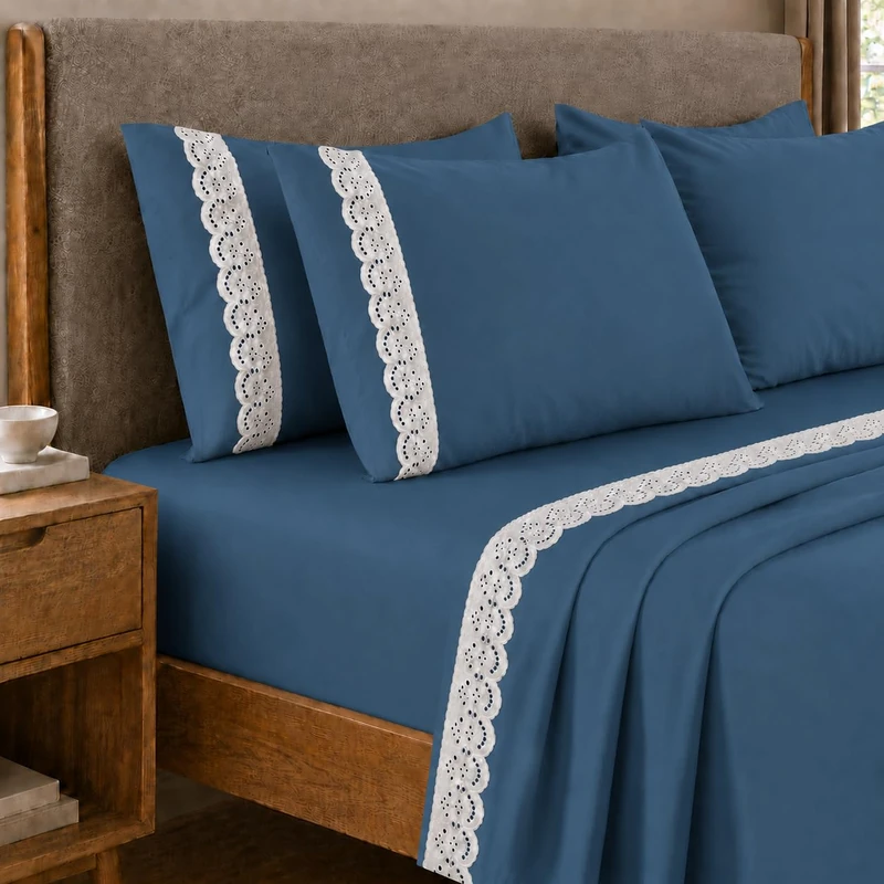 PETTI Artigiani Italiani - Single Percale Cotton Sheet Set with Lace St. Gallen Navy Blue, 3-Piece Bedding Set, 100% Made in Italy - Image 1