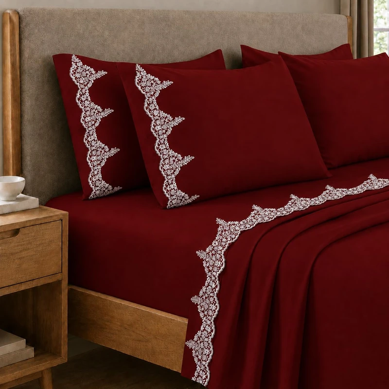 PETTI Artigiani Italiani - Chantilly Bordeaux Cotton Percale Double Bed Sheet Set with Lace, 4-Piece Bedding Set, 100% Made in Italy