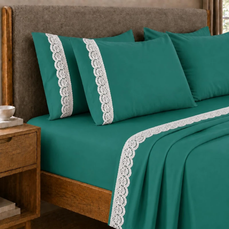 PETTI Artigiani Italiani - Single Sheet Set Percale Cotton with Lace St. Gallen Teal Lace, 3-Piece Bedding Set, 100% Made in Italy - Image 1