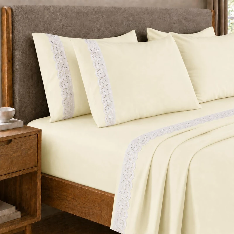 PETTI Artigiani Italiani - Single Percale Cotton Sheet Set with Lace St. Gallen Cream, 3-Piece Bedding Set, 100% Made in Italy - Image 1
