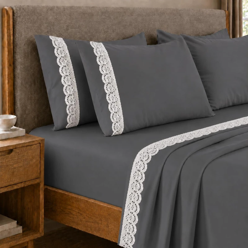 PETTI Artigiani Italiani - Double Bed Sheet Set Percale Cotton with Lace St. Gallen Smoke Grey, 4-Piece Bedding Set, 100% Made in Italy