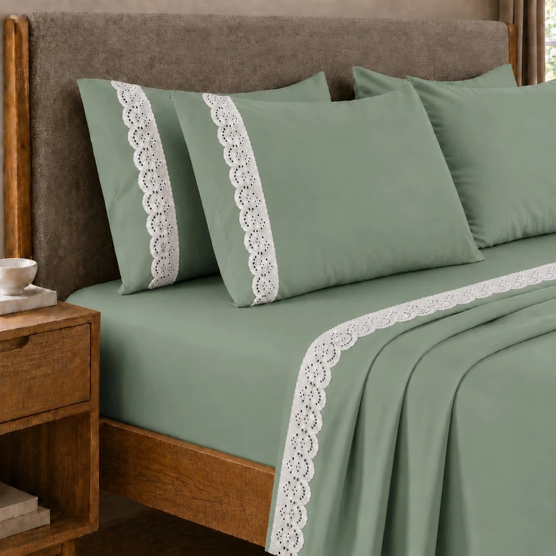 PETTI Artigiani Italiani - Single Percale Cotton Sheet Set with Lace St. Gallen Sage, 3-Piece Bedding Set, 100% Made in Italy - Image 1