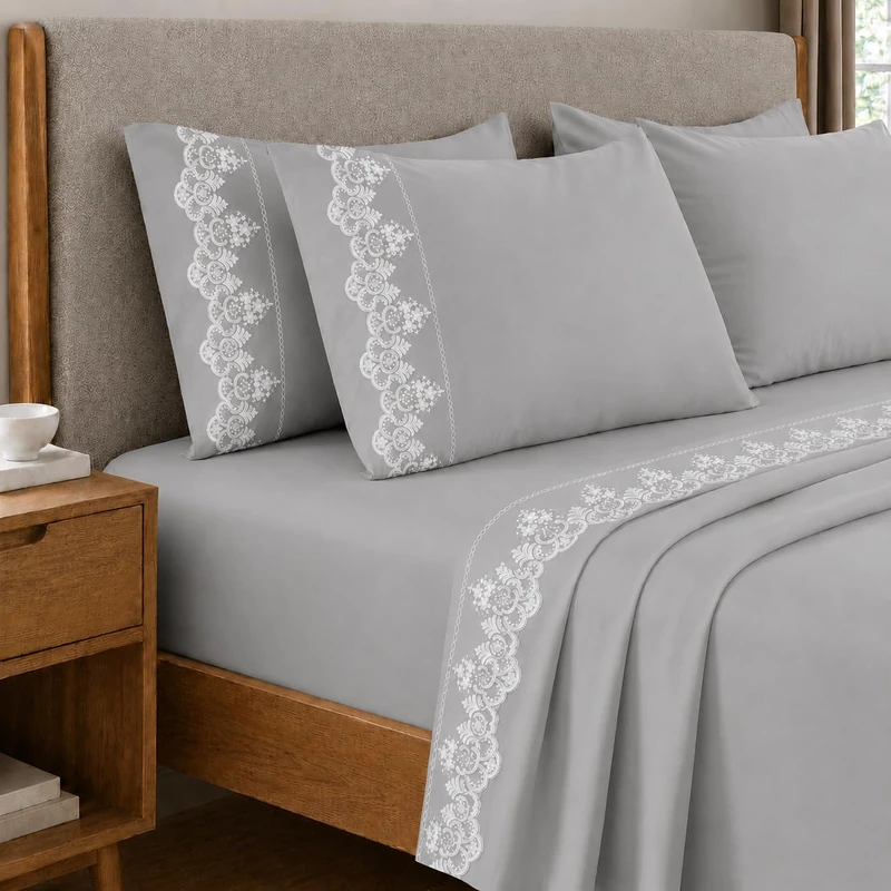 PETTI Artigiani Italiani - Percalle Cotton Double Bed Sheet Set with Grey Rebrodè Lace, 4-Piece Bedding Set, 100% Made in Italy