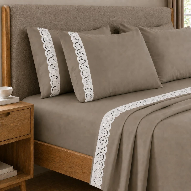 PETTI Artigiani Italiani - Single Percale Cotton Sheet Set with Lace St. Gallen Taupe, 3-Piece Bedding Set, 100% Made in Italy - Image 1