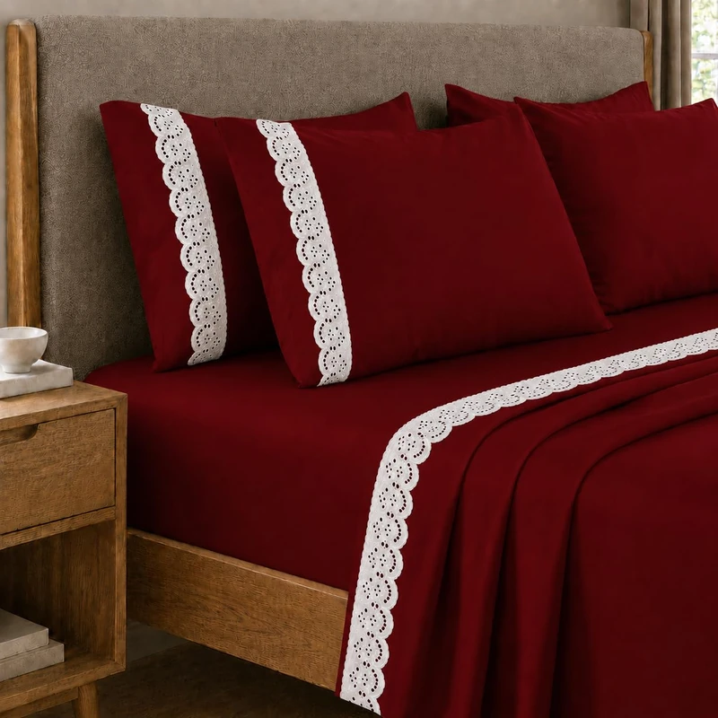PETTI Artigiani Italiani - Percalle Cotton Sheet Set with Bordeaux St. Gallen Lace, 3-Piece Bedding Set, 100% Made in Italy