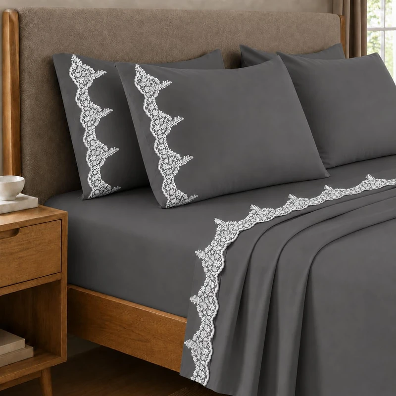 PETTI Artigiani Italiani - Cotton Percale Double Bed Sheet Set with Chantilly Lace Smoky Grey 3-Piece Bedding Set, 100% Made in Italy