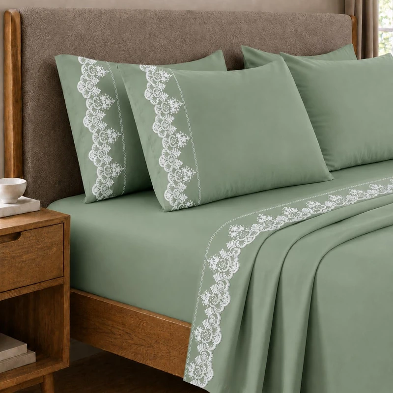 PETTI Artigiani Italiani - Set of Double Bed Sheets Percale Cotton with Lace Rebrodè Sage, 4-Piece Bed Set, 100% Made in Italy
