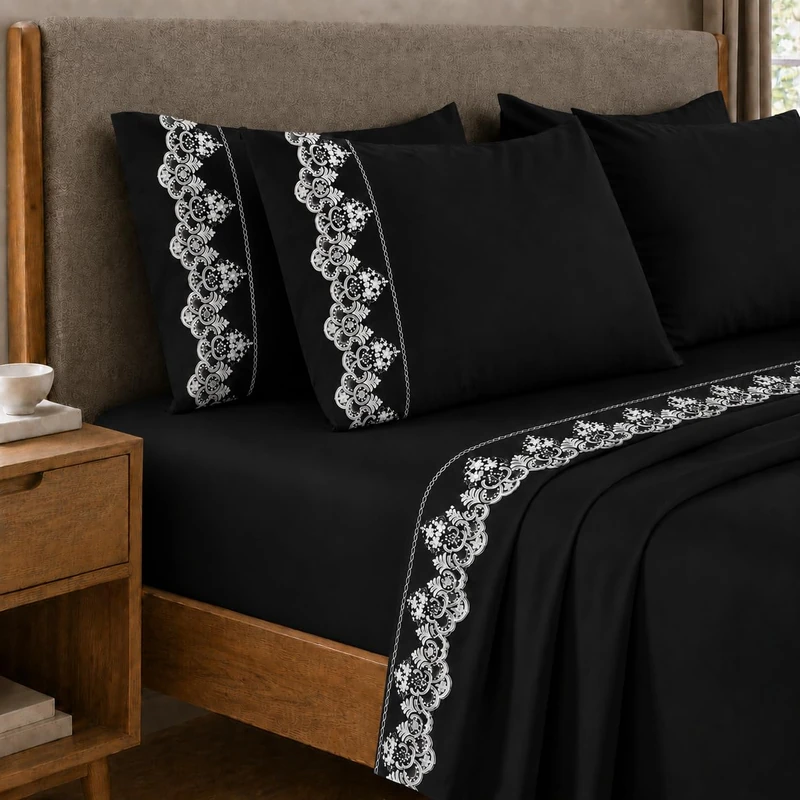 PETTI Artigiani Italiani - Percale Cotton Sheet Set with Black Rebrodè Lace, 3-Piece Bedding Set, 100% Made in Italy