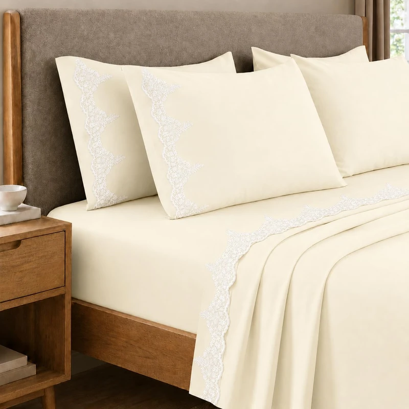 PETTI Artigiani Italiani - Cotton Percale Bed Linen Set with Chantilly Cream Lace, 3-Piece Bedding Set, 100% Made in Italy