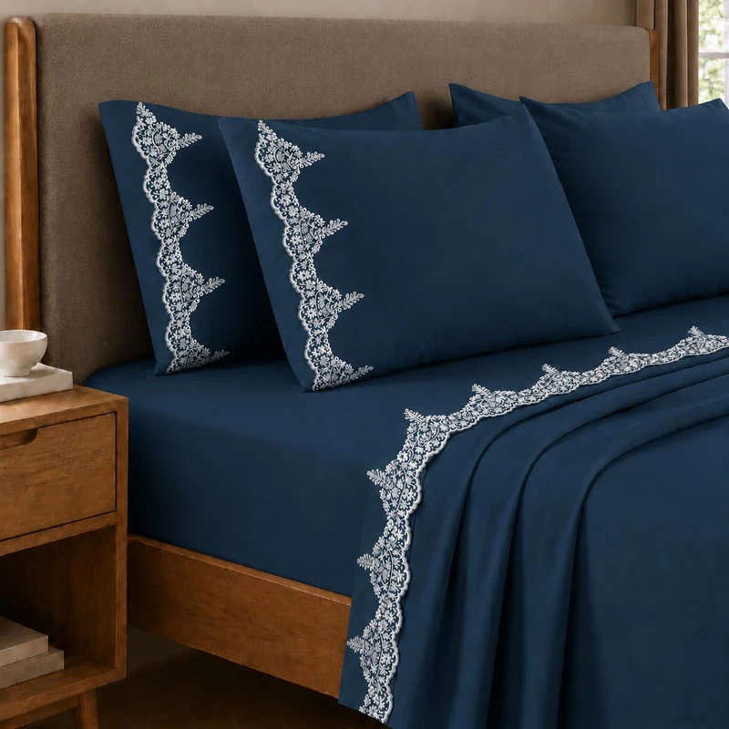 PETTI Artigiani Italiani - Chantilly Navy Blue Cotton Percale Double Bed Sheet Set with Lace, 4-Piece Bedding Set, 100% Made in Italy
