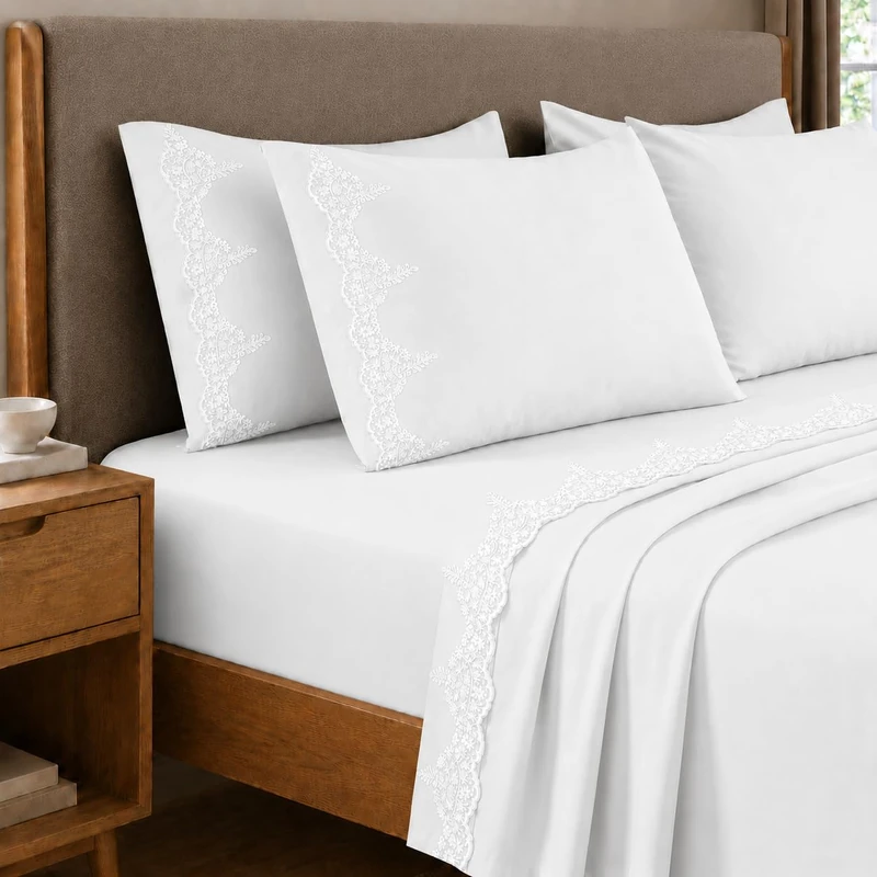 PETTI Artigiani Italiani - Set of Double Bed Sheets Percale Cotton with White Lace Chantilly Lace, 4-Piece Bed Set, 100% Made in Italy