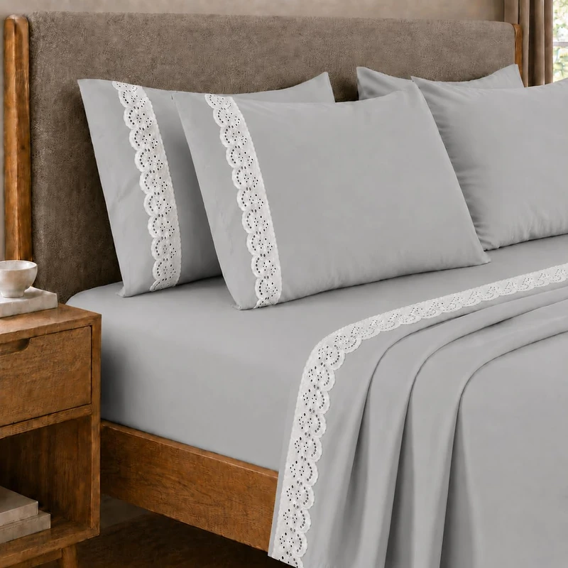 PETTI Artigiani Italiani - Single Percale Cotton Sheet Set with Grey St. Gallen Lace, 3-Piece Bedding Set, 100% Made in Italy - Image 1