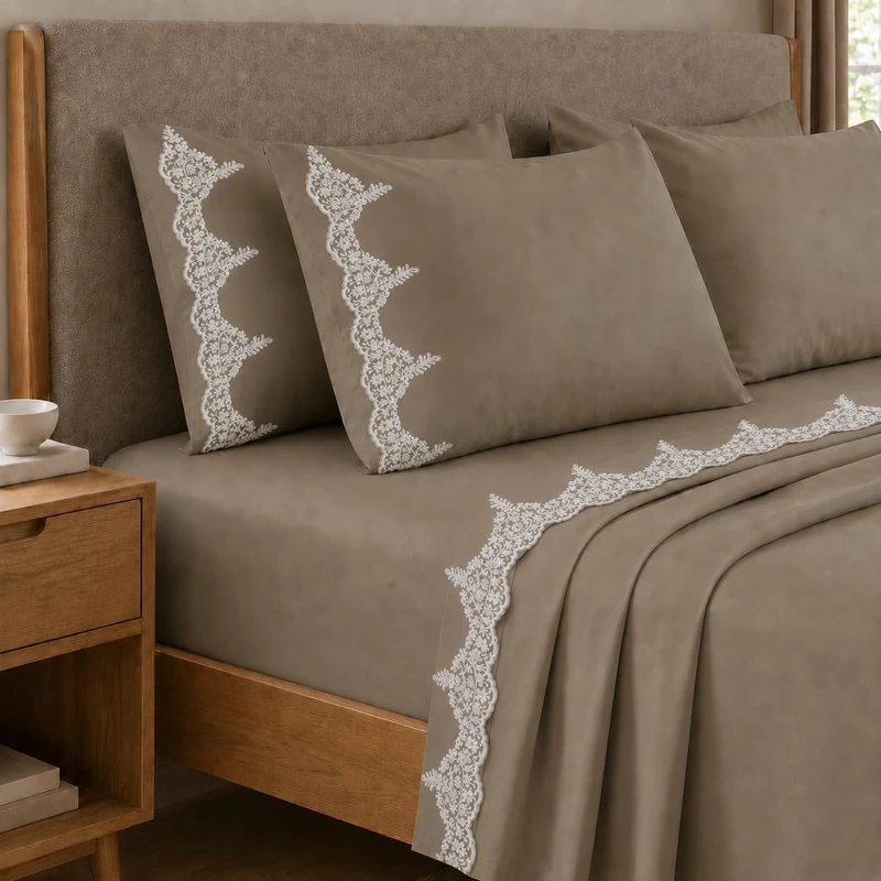 PETTI Artigiani Italiani - Chantilly Taupe Cotton Percale Double Bed Sheet Set with Lace, 4-Piece Bedding Set, 100% Made in Italy