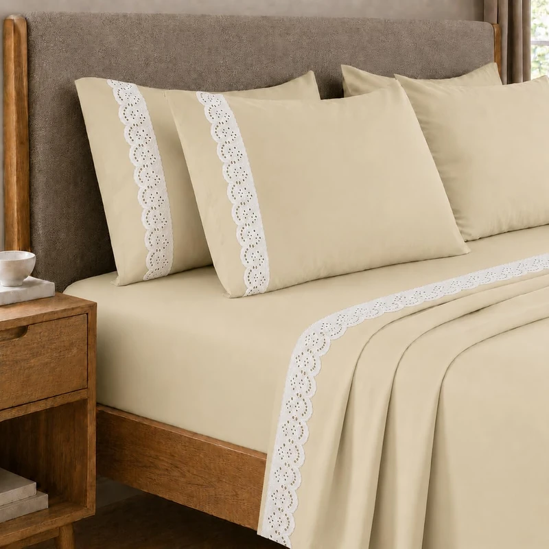 PETTI Artigiani Italiani - Single Percale Cotton Sheet Set with Lace St. Gallen Beige, 3-Piece Bedding Set, 100% Made in Italy - Image 1