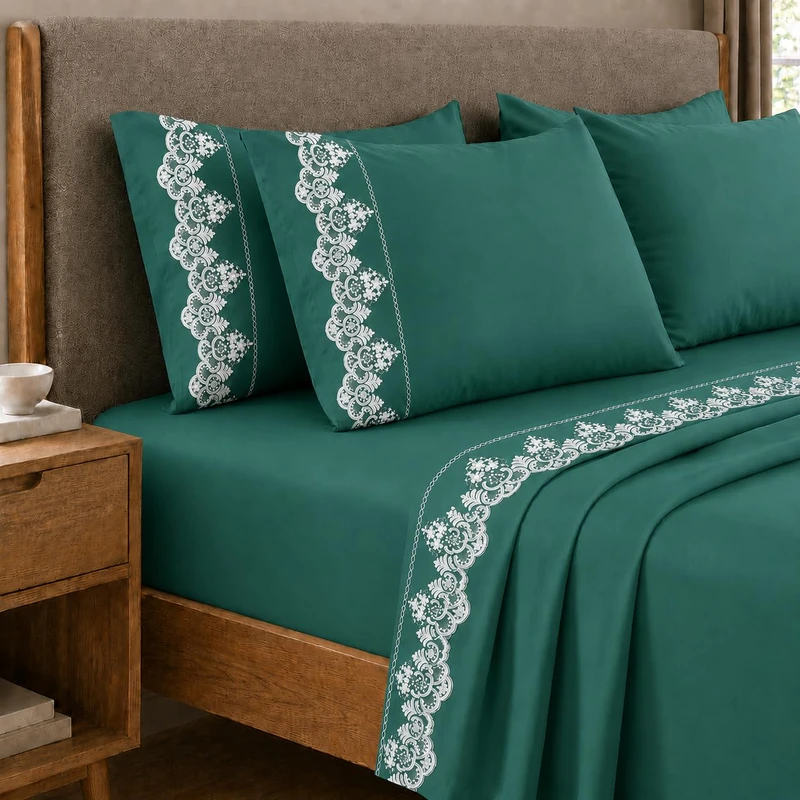 PETTI Artigiani Italiani - Percale Cotton Sheet Set with Teal Rebrodè Lace, 3-Piece Bedding Set, 100% Made in Italy