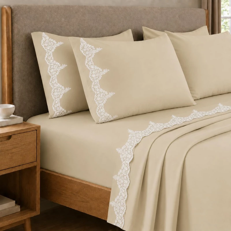 PETTI Artigiani Italiani - Chantilly Beige Cotton Percale Double Bed Sheet Set with Lace, 4-Piece Bedding Set, 100% Made in Italy