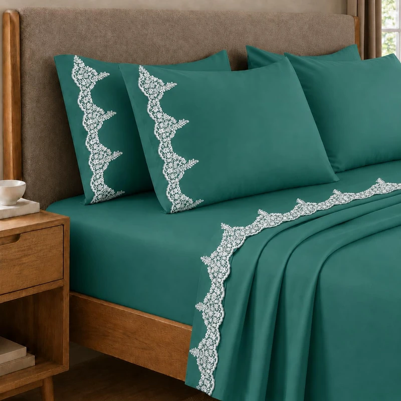 PETTI Artigiani Italiani - Set of Double Bed Sheets Percale Cotton with Chantilly Teal Lace, 4-Piece Bed Set, 100% Made in Italy