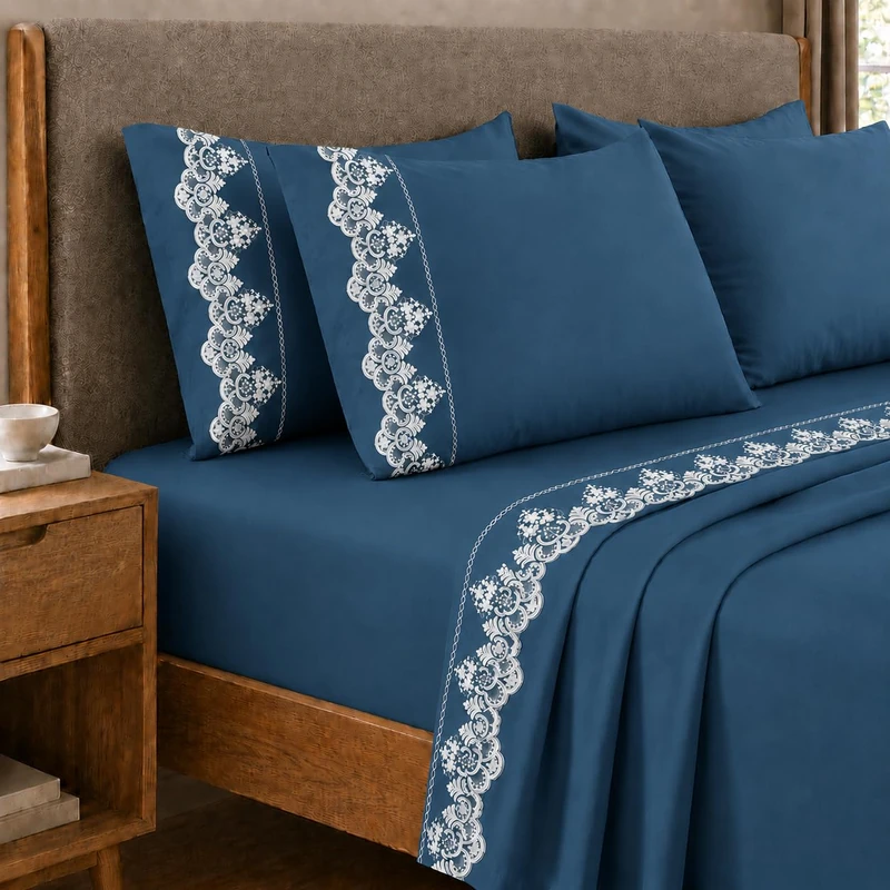 PETTI Artigiani Italiani - Percale Cotton Sheet Set with Navy Blue Rebrodè Lace, 3-Piece Bedding Set, 100% Made in Italy