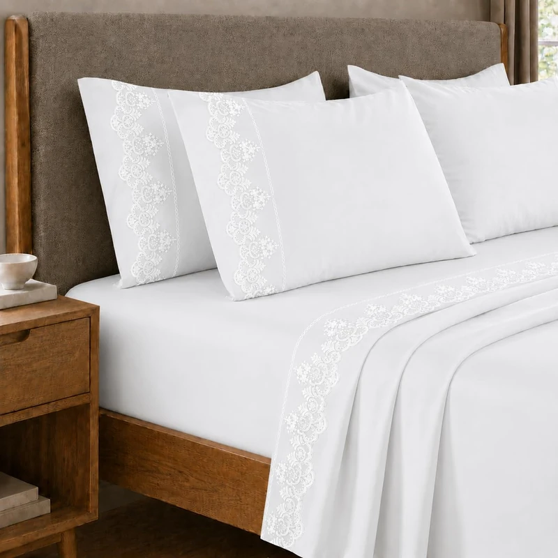 PETTI Artigiani Italiani - Percalle Cotton Double Bed Sheet Set with White Rebrodè Lace, 4-Piece Bed Set, 100% Made in Italy