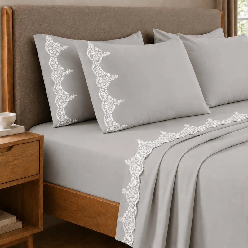 PETTI Artigiani Italiani - Cotton Percale Double Bed Sheet Set with Grey Chantilly Lace, 3-Piece Bedding Set, 100% Made in Italy