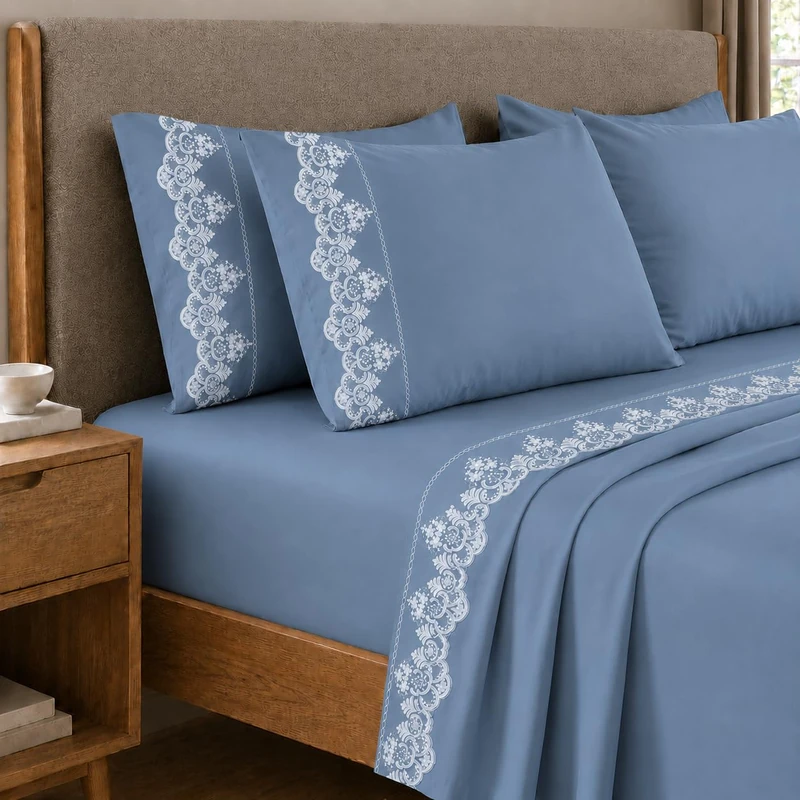 PETTI Artigiani Italiani - Percale Cotton Sheet Set with Light Blue Rebrodè Lace, 3-Piece Bedding Set, 100% Made in Italy